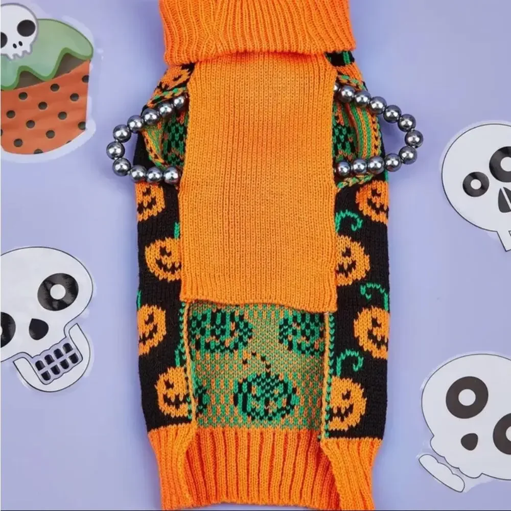 Halloween Pumpkin Dog Sweater Size Medium Knit Orange Black Jack O Lantern